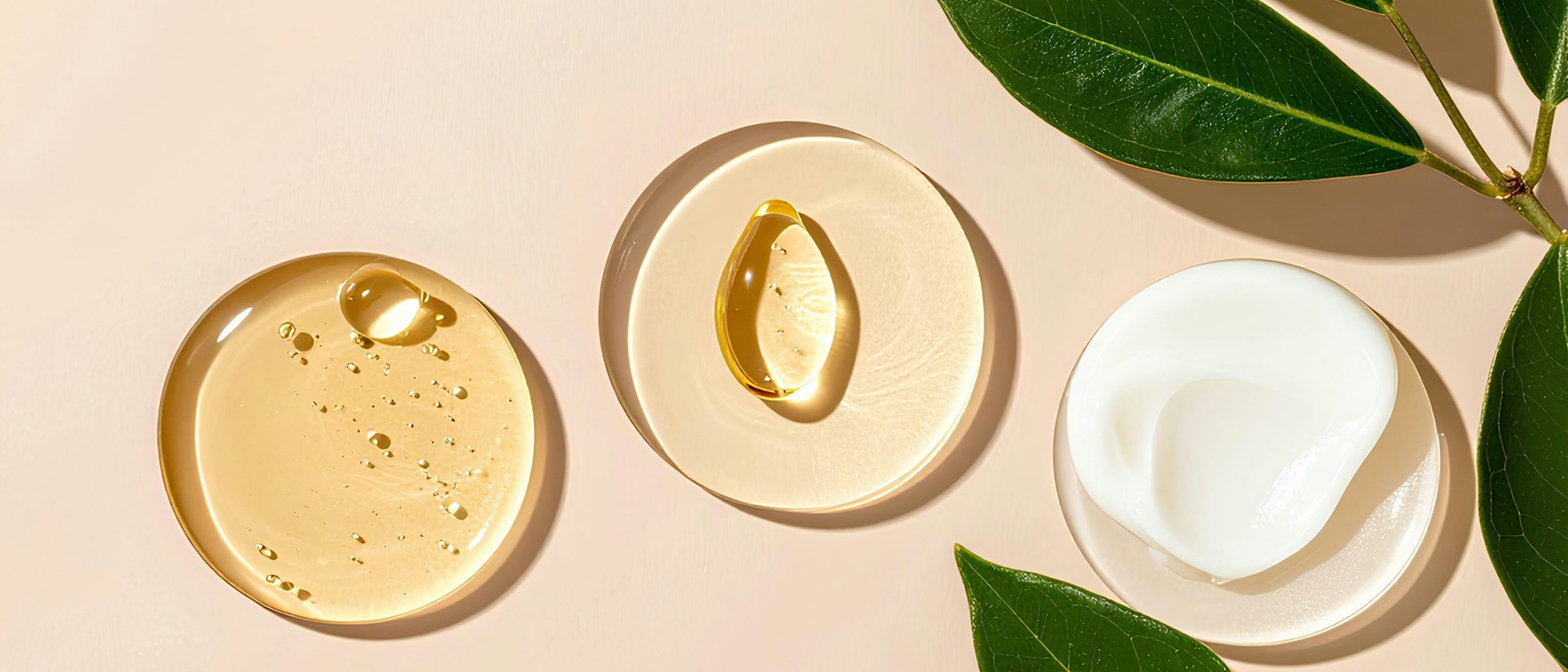 Drops of golden oil, a clear serum and a white cream on glass discs, with green leaves